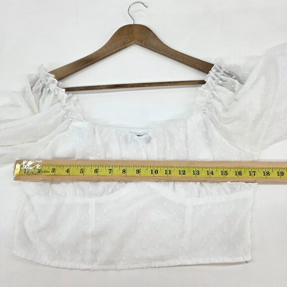 White Chiffon Swiss Dot Milkmaid Top Size L Lantern Sleeve Crop Ruched Bust - Picture 10 of 12